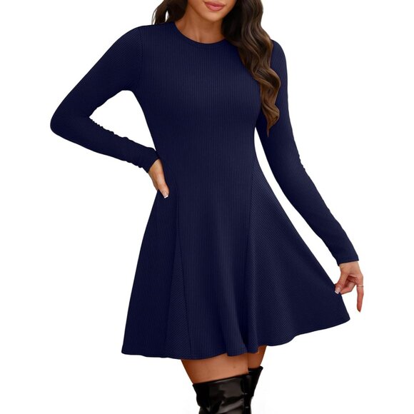 Women Navy Blue Crew Neck Ribbed Knit Flare A-Line Long Sleeve Sweater Dress - Picture 3 of 5